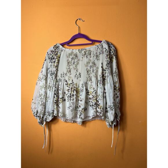 WILFRED Aritzia Talence Ivory Floral Pleated Off The Shoulder Blouse Sz XXS - Picture 1 of 8